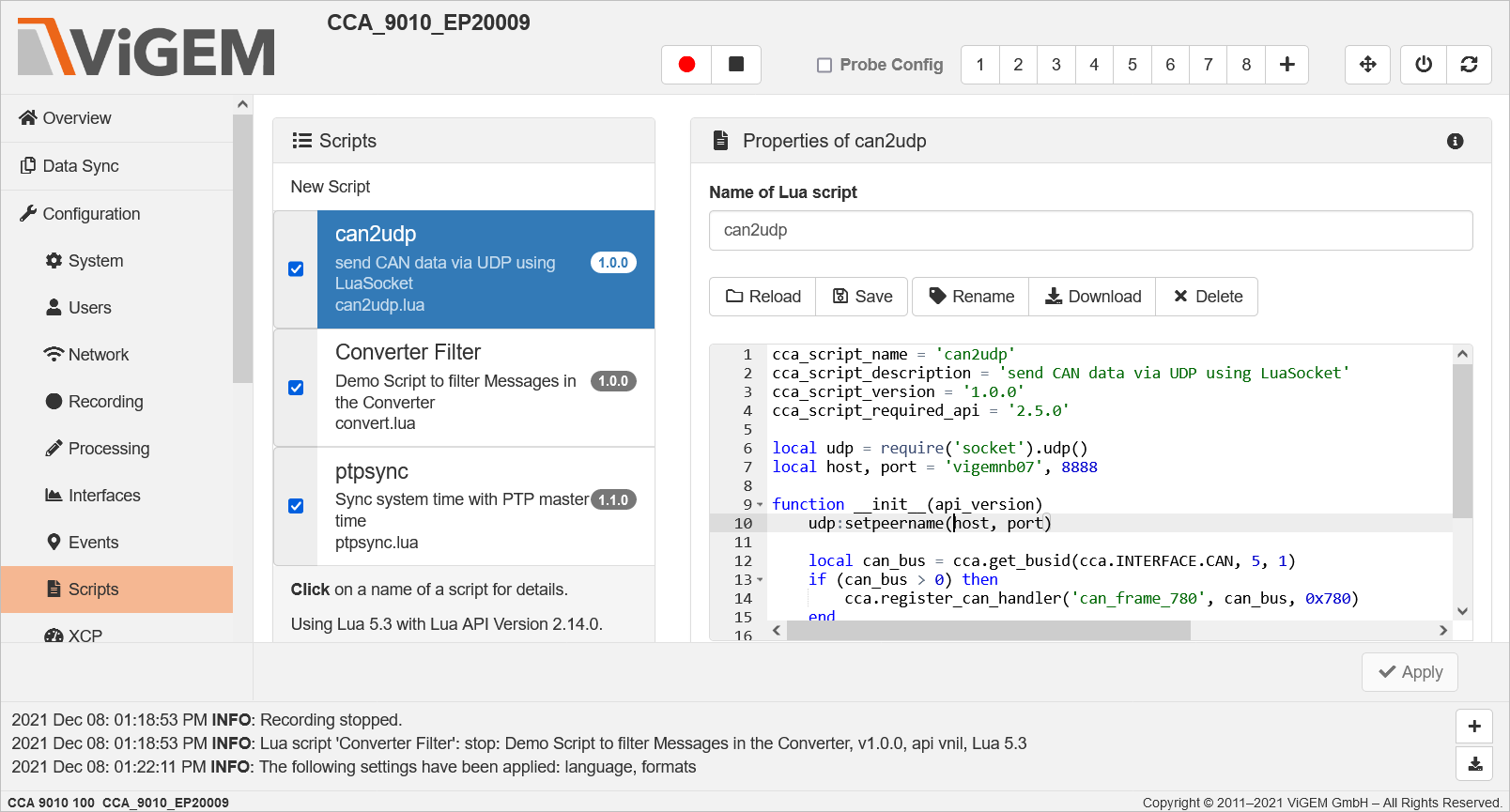 Screenshot ViGEM software "Lua Scripts"